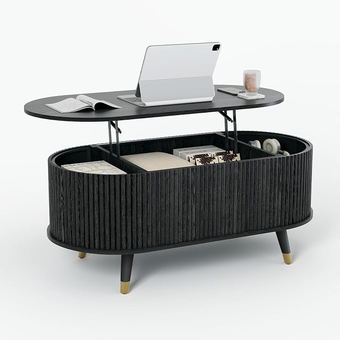 SULIVES Oval Coffee Table with Storage, Small Fluted Center Table - Image 9