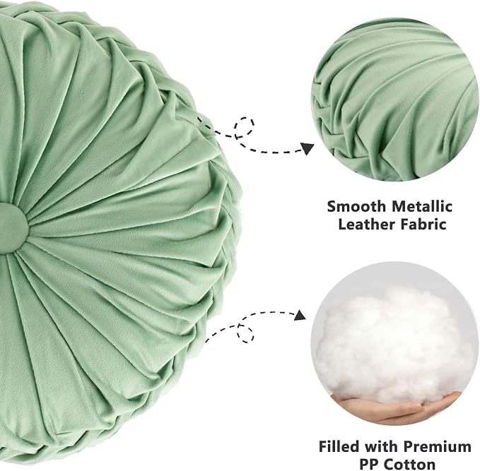HIG Set of 2 Sage Velvet Decorative Round Pleated Throw Pillows | Vintage Floor - Image 4