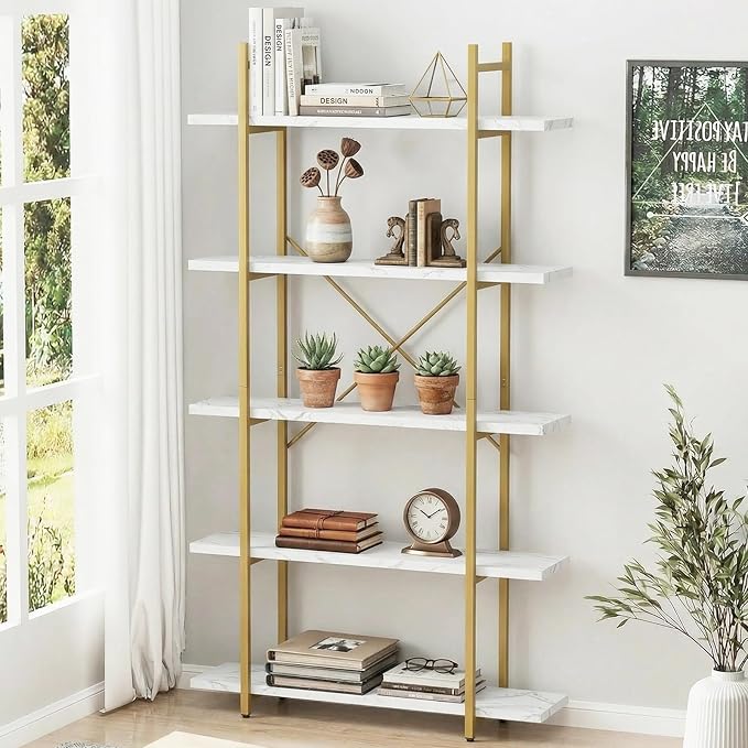 5 Tiers Bookshelf Organizer White Faux Marble Shelf, Modern Open Display by EternalHome
