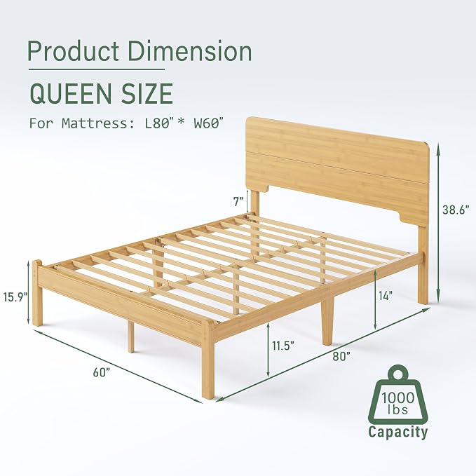 BOSRII 14in High Solid Bamboo Wood Platform Queen Size Bed Frame - Image 2