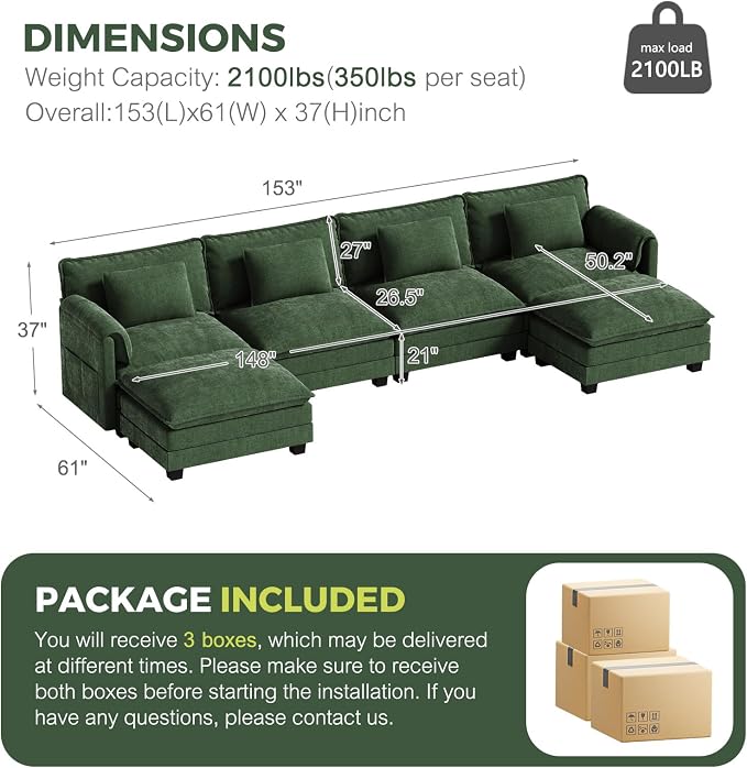 ELUCHANG 153" U Shaped Modular Sectional Cloud Couch - Image 2