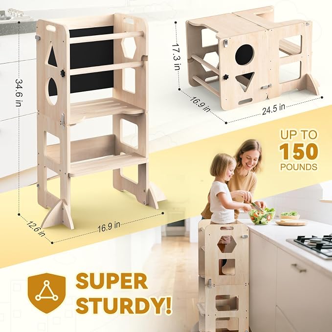 Woodure 3-in-1 Toddler Kitchen Step Stool, Foldable Learning Standing Tower - Image 2
