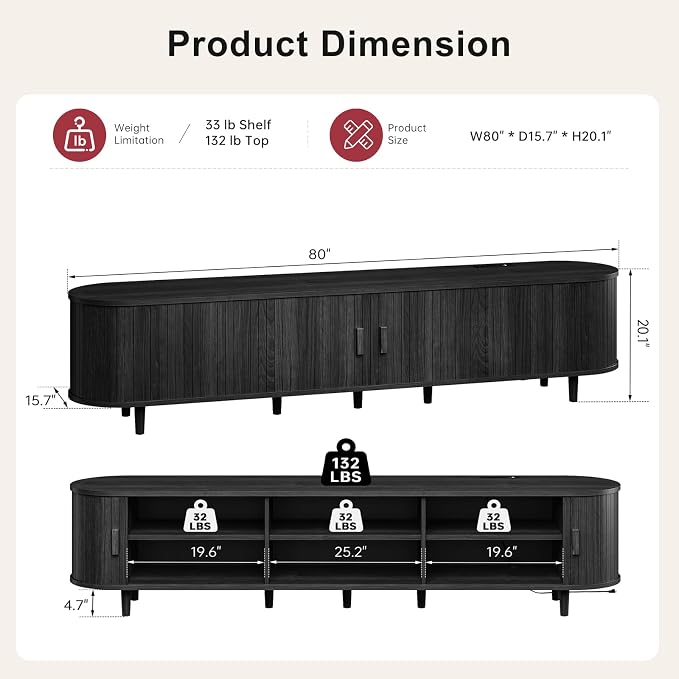 80" Mid Century Modern TV Stand, Wood TV Consoles - Image 2