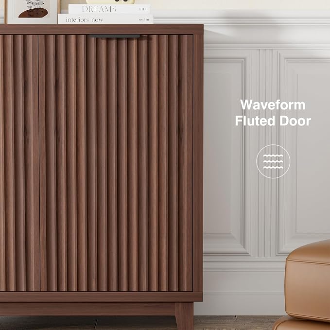 Fluted Cabinet with Storage, 2 Doors Sideboard Buffet, Mid Century Modern - Image 3