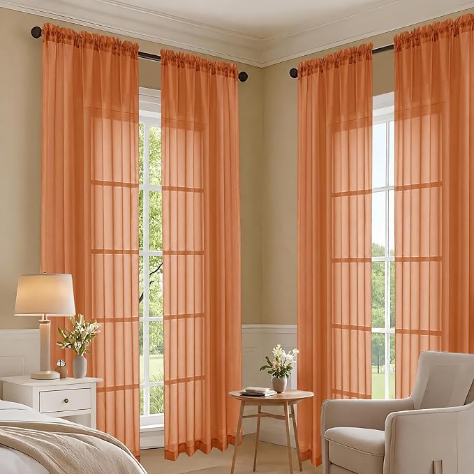 Orange Sheer Curtains 84 Inches Long 2 Panels Set, Light Filtering Sheer - Image 7