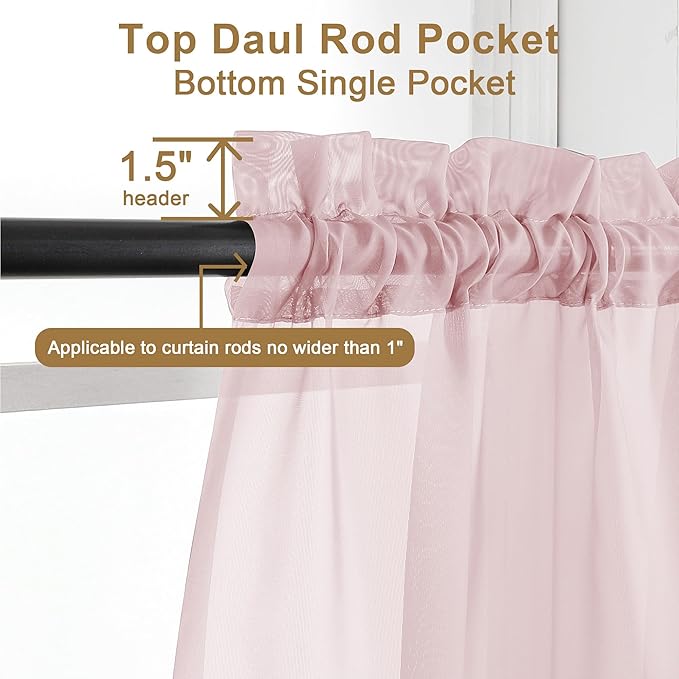 Chyhomenyc Sheer Curtains 63 Inch Length 2 Panels, Blush Pink | Light Filtering - Image 3