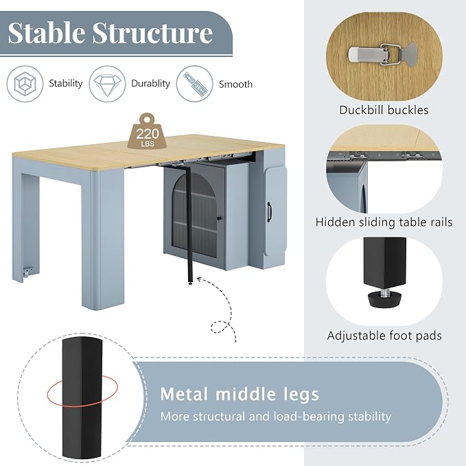 Extendable Dining Table with 3 Removable Middle Leaves, Mobile Rolling Island - Image 8