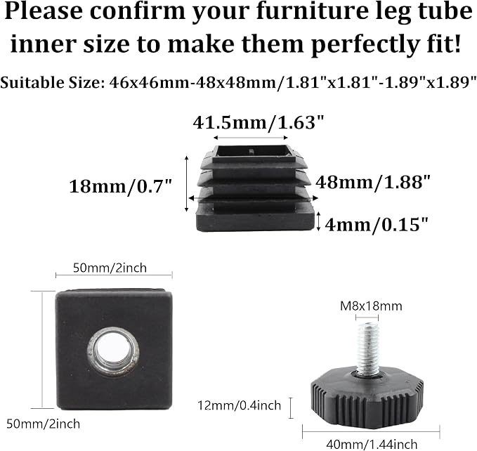 8Pcs Adjustable Leveling Feet 50 x 50mm Square Insert Kit Furniture Glide - Image 2