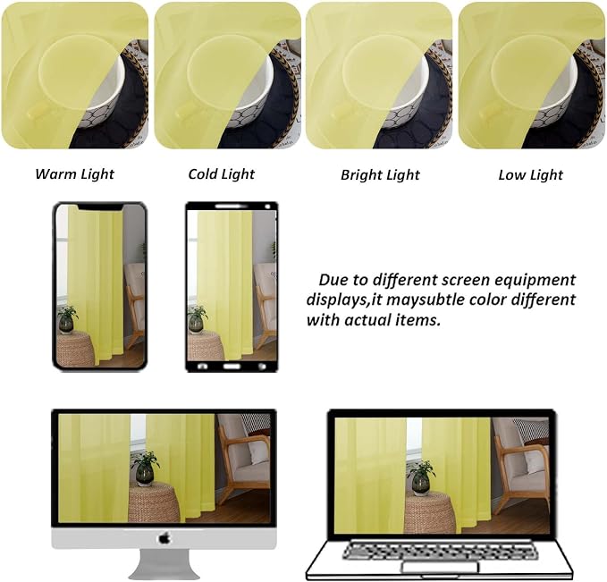 Chyhomenyc Sheer Curtains 63 Inch Length 2 Panels, Lemon | Light Filtering - Image 8