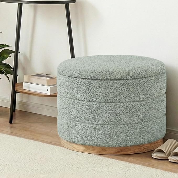 Round Storage Ottoman with Tray Lid, Folding Chenille Fabric Footrest with - Image 8