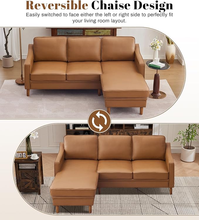Kingfun 88" L-Shape Sofa, Faxu Leather Sectional Couch, Mid Century Modern - Image 6