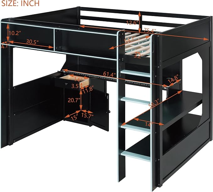 Modern Gaming Loft Bed with Built-in Desk, LED Lighting & Charging Hub – Full - Image 3