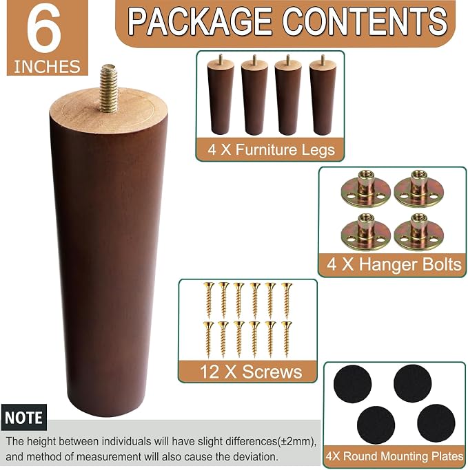 Yaliuliu 6 Inches Round Solid Wood Furniture Legs Set of 4, TV Stand, Ottoman - Image 4
