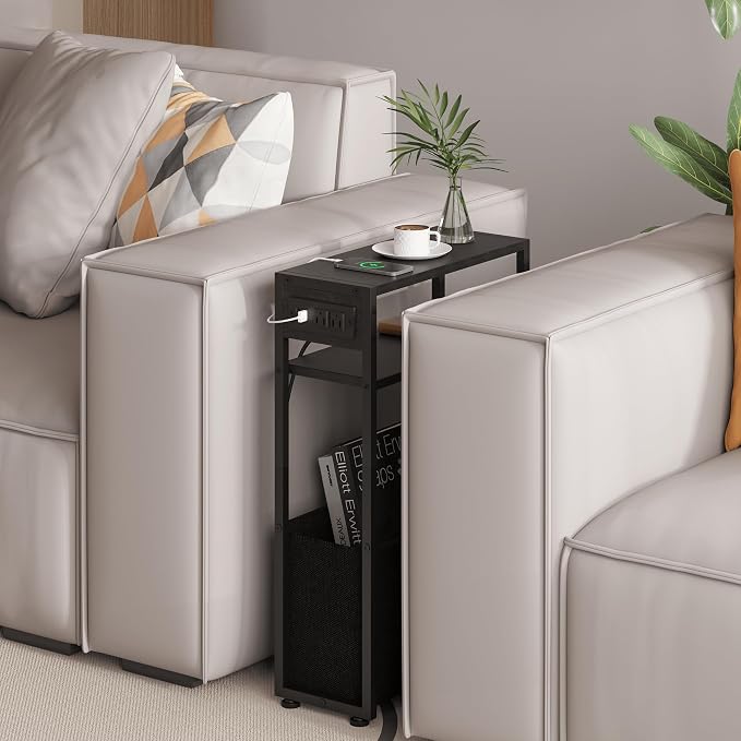 Leomonio Black Side Table with Charging Station, Slim End Tables with Fabric - Image 4