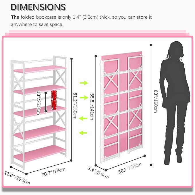 4NM Extra Wide 5 Tiers No Assembly Book Shelves, 51.2" H Folding Bookshelf - Image 2