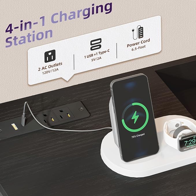 Somdot Black Nightstand with Charging Station and LED Light, Wide 5 Drawers - Image 4