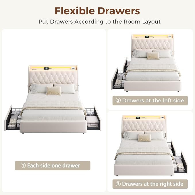 Full LED Velvet Bed Frame with 2 Storage Drawers&Hidden Headboard, Upholstered - Image 8