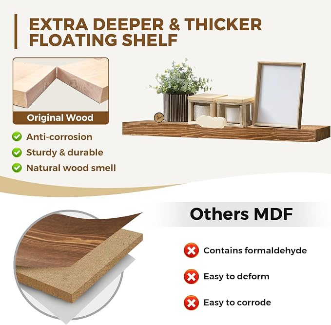 36x8x1.6 inch Floating Shelves Set of 2 – Solid Wood Rustic Brown Wall Mounted - Image 3