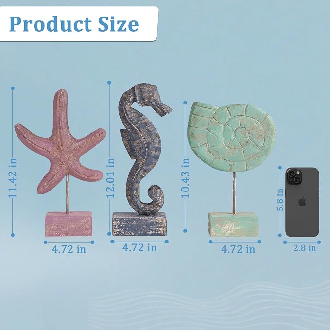 3pcs Wood Handmade Beach Nautical Style Figurines Starfish/Conch/Seahorse - Image 3
