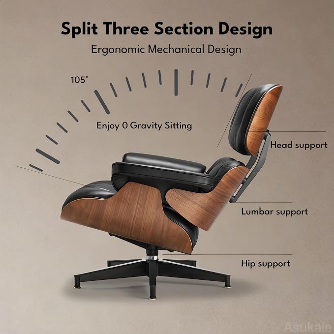 Top Black Grain Leather, Mid Century Chaise Lounge Chair and Ottoman, Leather - Image 8