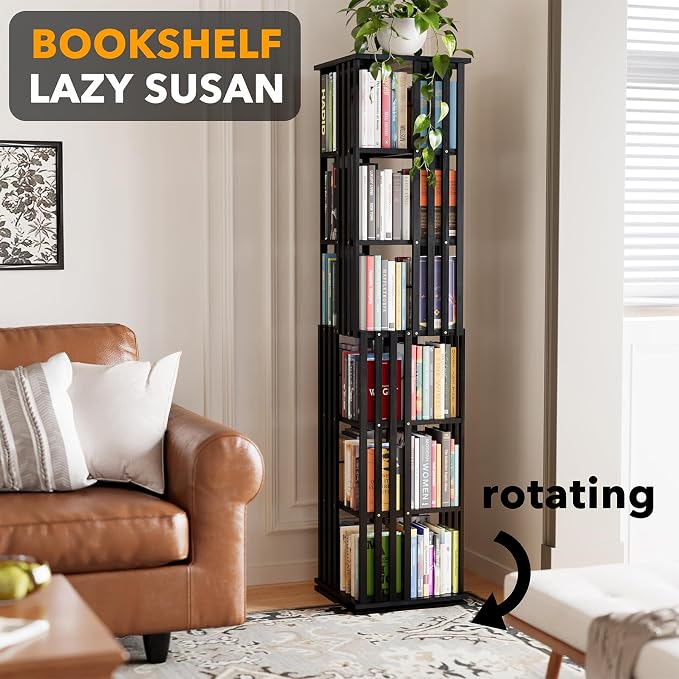SpaceAid 6 Tier Rotating Bookshelf Tower, Bamboo Spinning Book Shelf, Revolving - Image 4