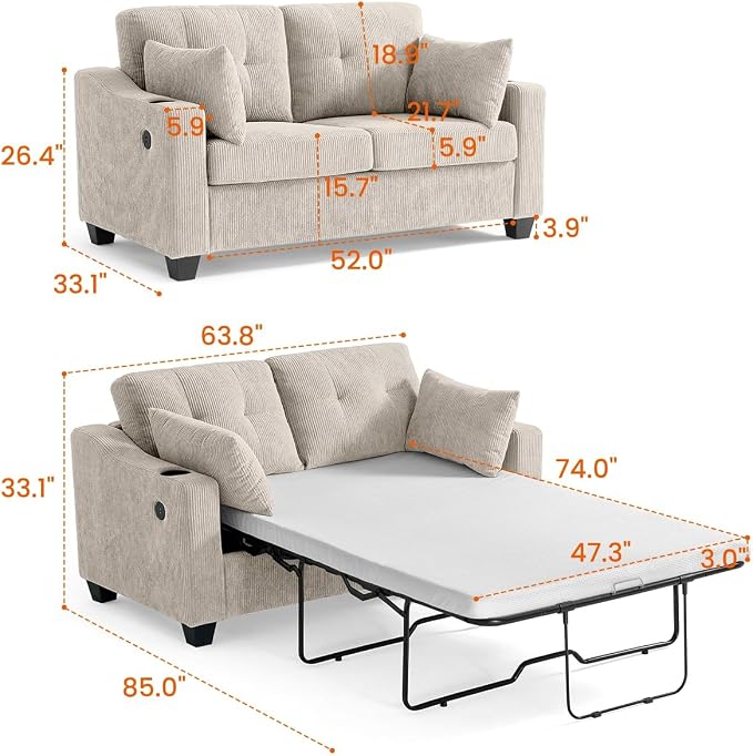 Full Size Pull Out Sleeper Sofa Bed, 2-in-1 Convertible Corduroy Pull Out Couch - Image 3