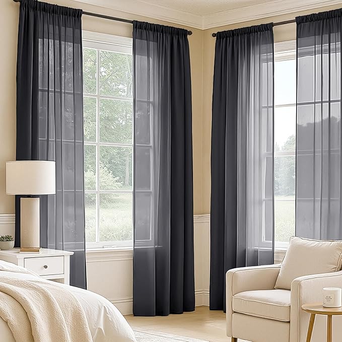MIULEE Black Sheer Curtains 108 Inches Long 4 Panels 54 x 108 Inches | Light - Image 2