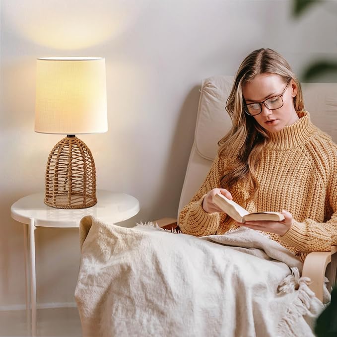 EJIAXIN Rattan Lamp Boho Lamps Set of 2-13.75" Mini Farmhouse Table Lamp Rustic - Image 6