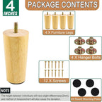 Yaliuliu 4 Inches Round Solid Wood Furniture Legs Set of 4, Natural Wooden - Image 3