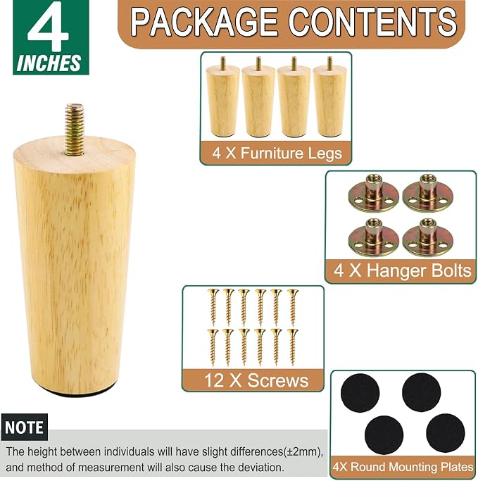 Yaliuliu 4 Inches Round Solid Wood Furniture Legs Set of 4, Natural Wooden - Image 3