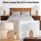 21" Boho Rattan Table Lamps Set of 2, Farmhouse Bedside Nightstand Lamps - Image 7