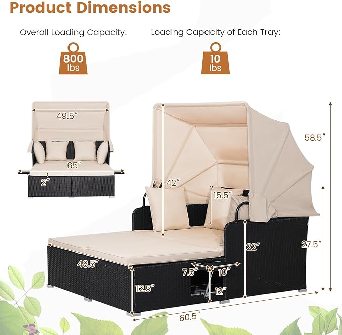 COSTWAY Outdoor Daybed with Retractable Canopy, Patio Rattan Daybed with - Image 6