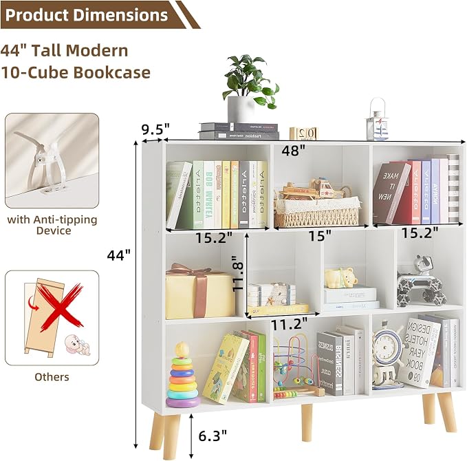 LEYAOYAO 10 Cube Bookshelf, 3 Tier Modern Wide Bookcase - Image 2