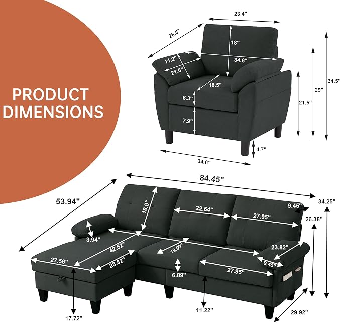 2 Piece Sectional Sofa Set, 3 Seat L Shaped Couches - Image 2