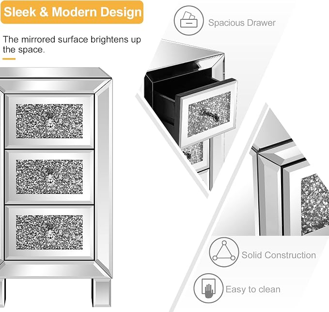 VINGLI 3-Drawer Mirrored Nightstand Bedside Table Glass Accent End Table - Image 3