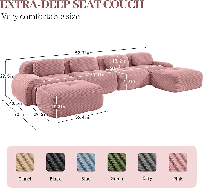 Boneless Sectional Couch, No Assembly Required, 152.7” U Shaped Modular Cloud - Image 3