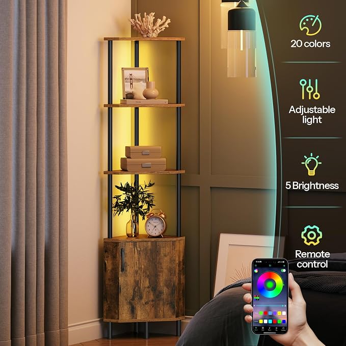 HOOBRO Corner Cabinet with LED Light, Corner Shelf Stand with Storage and Doors - Image 6