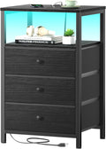 BOLUO Black Night Stand with 3 Fabric Drawers, Nightstand with Charging Station by BOLUO