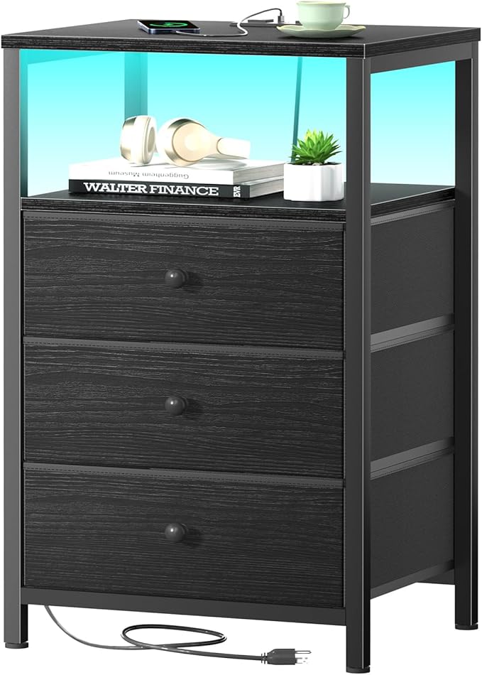 BOLUO Black Night Stand with 3 Fabric Drawers, Nightstand with Charging Station by BOLUO