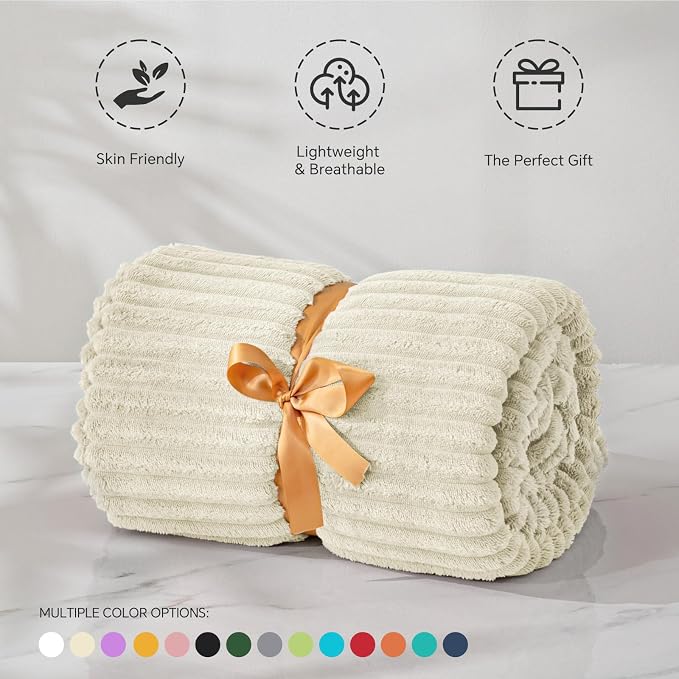 BEDELITE Ribbed Jacquard Beige Fleece Throw Blanket - Image 3