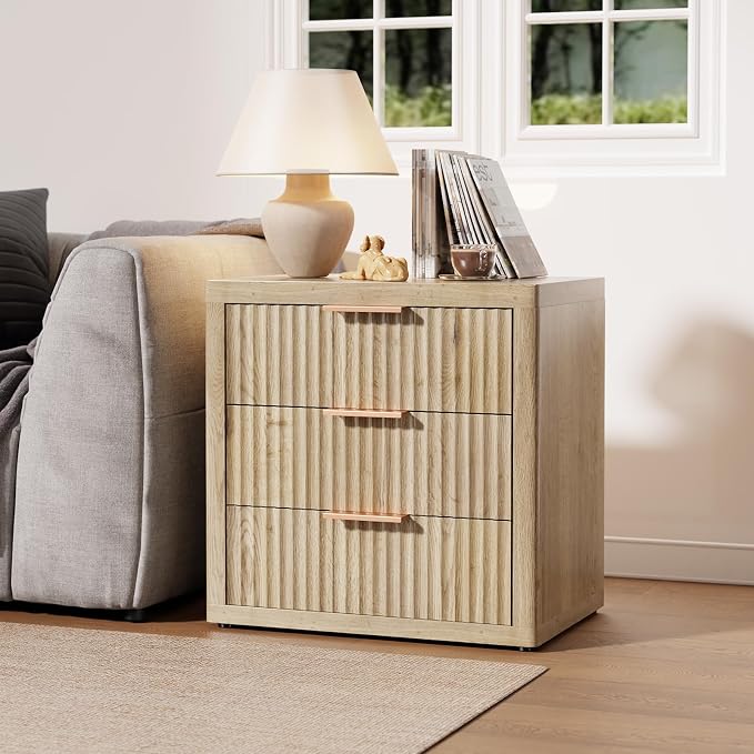 Night Stand with 3 Drawers, Fluted Bed Side End Table with Metal Handle - Image 8