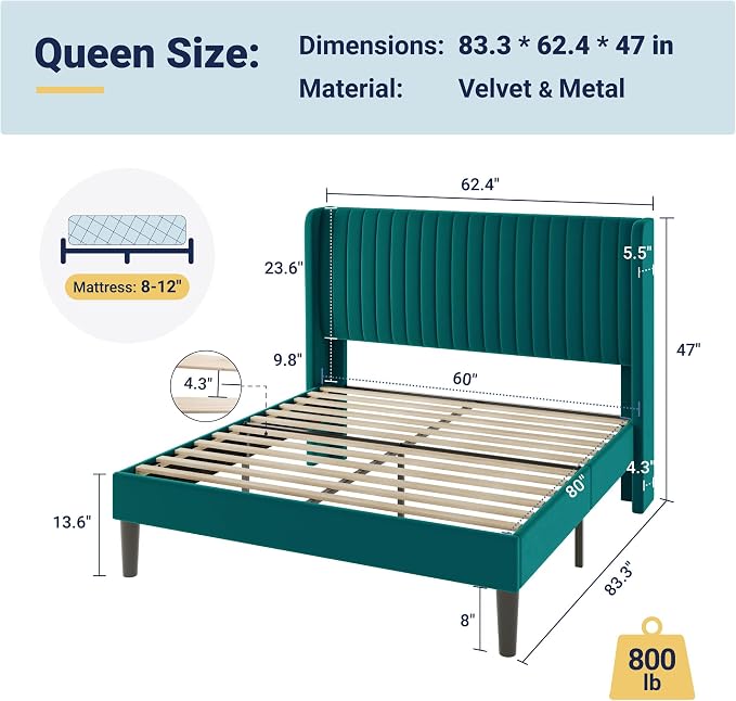 Allewie Queen Size Bed Frame/Velvet Upholstered Platform Bed/Vertical Channel - Image 2