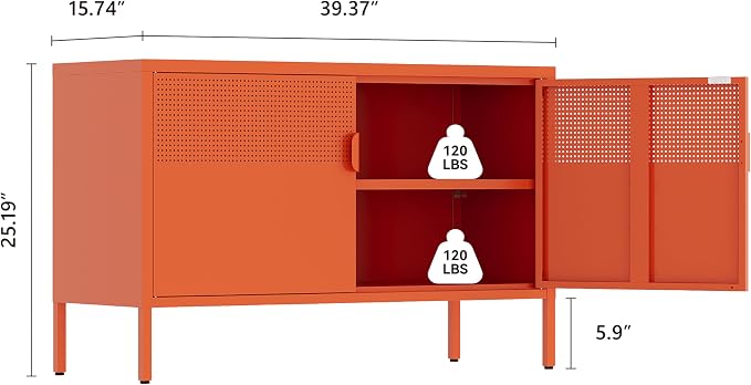 Orange Metal Storage Cabinet, 2 Door TV Stand, Metal Mesh Accent Cabinet - Image 3