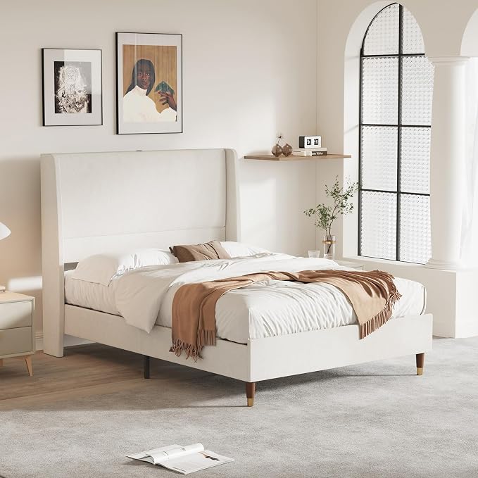 MALOL Full Size Bed Frame with Upholstered Headboard, Linen Fabric Platform Bed - Image 9