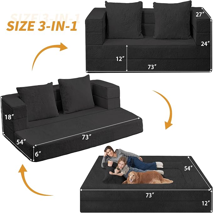 Futon Sofa Bed with Pillow, 3-in-1 Sleeper Sofa Bed with Removable Cover - Image 3