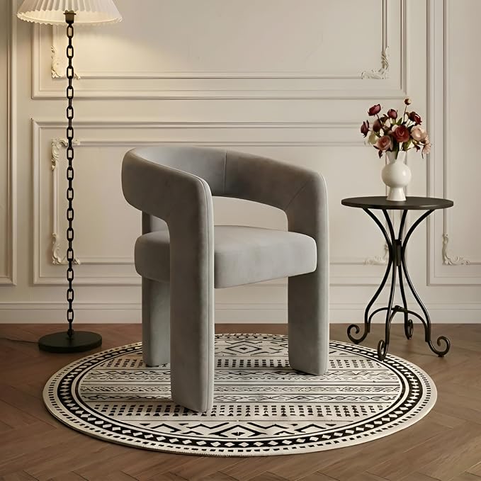 Modern Chenille Barrel Dining Chair Upholstered Fabric Dining Room Chair by QUINJAY