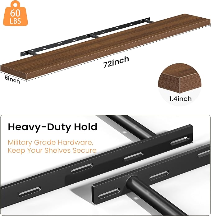 Fun Memories Floating Shelves for Wall, 72 Inch Long Set of 2 Rustic Wood Wall - Image 4