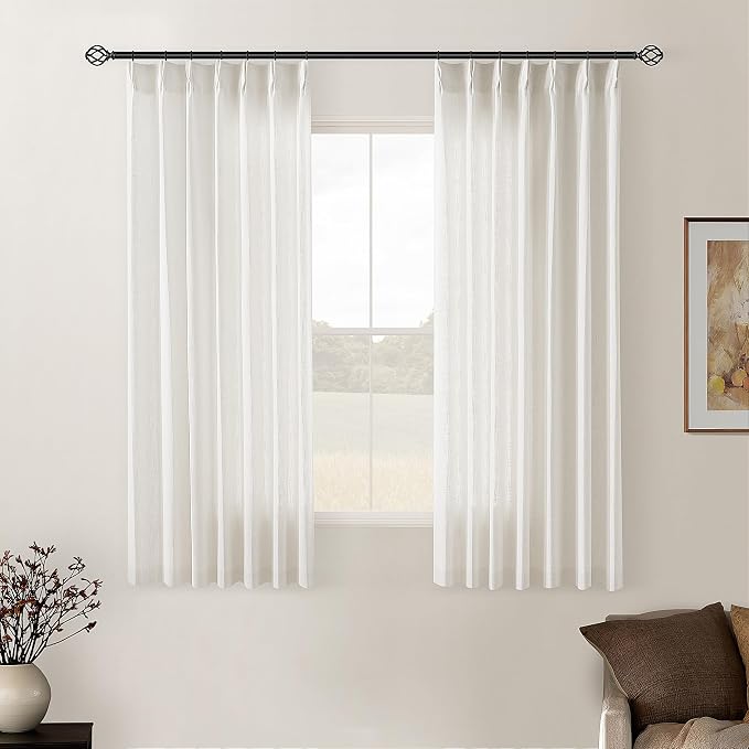 Natural Pinch Pleated Linen Semi Sheer Curtains 54 Inch Length 2 Panels | by Twodrapes
