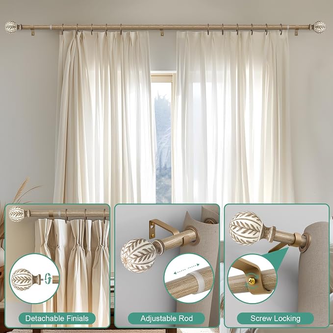 QDWIS Boho Wood Curtain Rods for Windows 48 to 84 inch, Rustic Decorative - Image 9