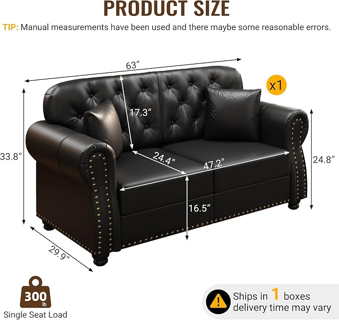 KEIKI 63" Faux Leather Chesterfield Sofa - Image 2